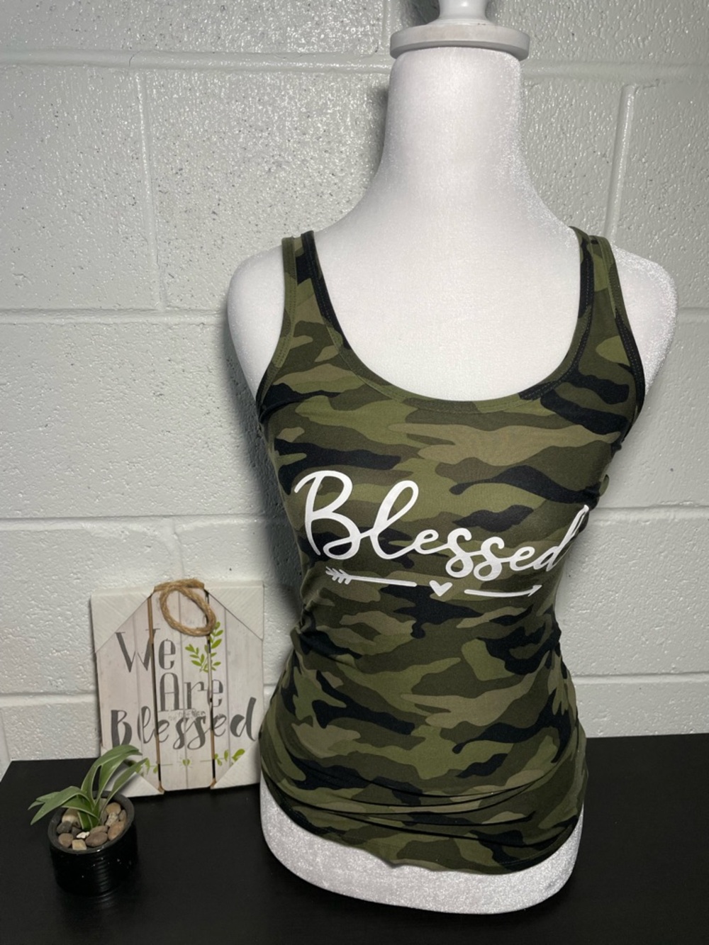 No Boundaries Olive Green Camo 'Blessed' Scoop Neck Tank